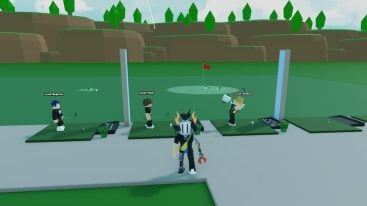 Roblox Golf Range Tycoon Avatar Wearing Silver Helmet Standing Before Three Npcs Playing Golf