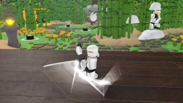 Roblox Ninja Evolution A Ninja Garbed In White Swinging A Sword With Bamboo Forest Behind