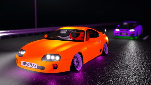 Overtake Codes Tuning June 2026 Try Hard Guides Roblox Overtake Orange Sports Car With Purple Lights Being Tailed By White Sports Car On Road 616x347 