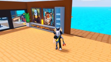Roblox Raft Tycoon Avatar Wearing Silver Helmet Standing On Wooden Raft Deck With Fireplace And Two Paintings Above It