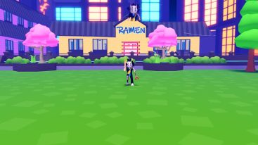 Roblox Ramen Shop Tycoon Avatar Wearing Helmet Standing On Grass Holding A Rolling Pin With Yellow Ramen Shop And Pink Trees Behind
