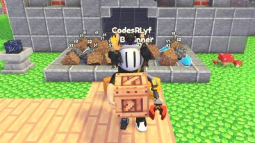Roblox Random Block Factory Avatar Wearing Silver Helmet Holding Box With Blocks Behind