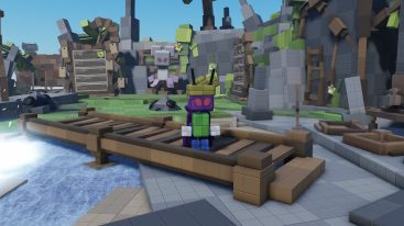 Roblox Rorvik A Purple Green Blue Bug Wearing Wearing A Yellow Hat Standing On Wooden Bridge Near Water And Ore
