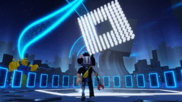 Roblox The Hunt Mega Edition Avatar Wearing Silver Helmet In Blue Hub Area With Floating White Roblox Logo And Blue Floating Cards