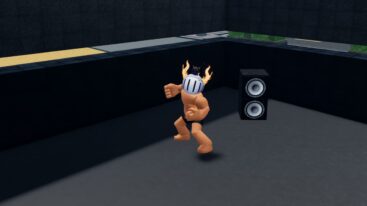 Roblox Train To Fight Avatar Shirtless But Wearing Silver Helmet Pulling Back Right Arm To Punch Near A Speaker