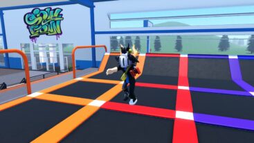 Roblox Trampoline Park Tycoon Avatar Wearing Silver Helmet And Black Birds Bounding On A Square Trampoline