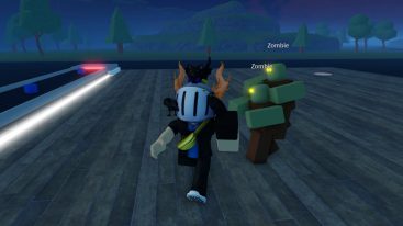 Roblox Undead Rising Tycoon Avatar Wearing Silver Helmet Being Chased By Two Yellow Eyed Green Zombies