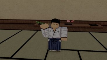 Roblox Unemployed Soul Avatar In White Gi Holding Katata Behind Neck In A Dojo With Pink Butterfly