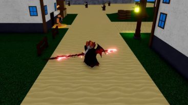 Roblox Verse Piece Ginger Haired Bacon Avatar Holding Black Lance With Red Glowing Energy