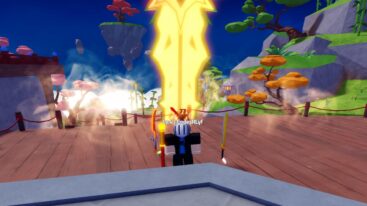 Roblox Weapon Fighting Rng Avatar Wearing Silver Helmet Surrounded By Four Swords Standing Before A Giant Yellow Sword Embedded Into The Wooden Decking