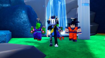 Roblox Anime Ascend Avatar Wearing Silver Helmet Standing Near Waterfall With Green Piko And Orange Wearing Roku