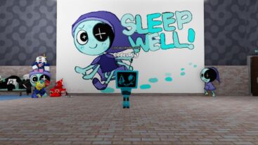 Roblox Astros Galaxy A Blue Robot With Smiling Face Standing Before A Sleep Well Poster