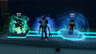 Roblox Aura Tycoon Avatar Wearing Silver Helmet Standing Near Earth And Frost Auras