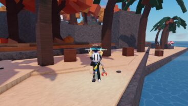 Roblox Aviary Avatar Wearing Silver Helmet Standing On Beach Near Water And Palm Trees