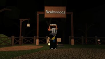 Roblox Beaks Avatar Wearing Silver Helmet Standing In Front Of Beakwoods Entry Sign