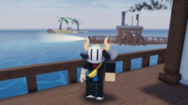 Roblox Dead Seas Avatar Wearing Silver Helmet Standing On Dock With Wooden Boat Near Small Island Behind
