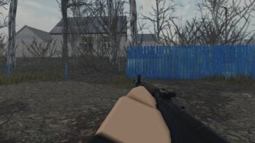Roblox Eastern Reign First Person Camera Of Hands Holding Ak47 Gun Near Blue Fence And Old House