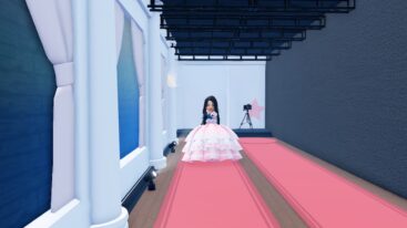 Roblox Fashion Show Tycoon Black Haired Avatar Wearing Pink Dress Walking Down Red Catwalk