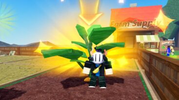 Roblox Grow Your Farm Avatar Wearing Silver Helmet Standing On Soil Near Large Green Potato Plant