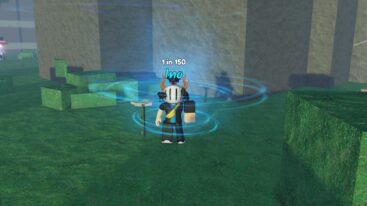 Roblox Jujutsu Evolution Avatar Wearing Silver Helmet Has A Circle Tornado Like Blue Aura Around Him