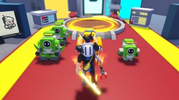 Roblox Merge Robot Army Avatar Wearing Silver Helmet Standing On Red Floor With Green And Yellow Robots Behind