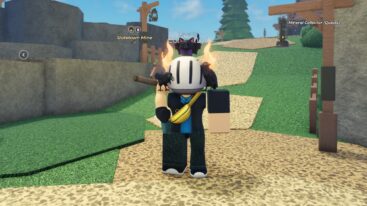 Roblox Mine Avatar Wearing Silver Helmet Standing With Wooden Pickaxe Behind His Shoulders
