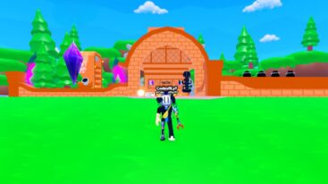 Roblox Orb Factory Avatar Wearing Silver Helmet Standing Outside Brick Building With Purple Crystal