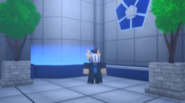Roblox Project Egoist Avatar Wearing Silver Helmet Standing Near Blue Light Bench And Two Potted Trees