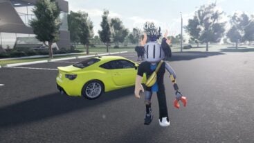 Roblox Ridgewood Avatar Wearing Silver Helmet Standing In Front Of Yellow Sports Car