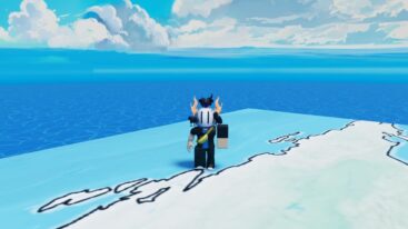 Roblox Roguessr Avatar Wearing Silver Helmet Dressed In Black Standing On World Map Near Ocean
