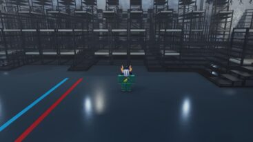 Roblox Round Six Avatar Wearing Silver Helmet Standing Before Tons Of Metal Stacked Bunked Beds
