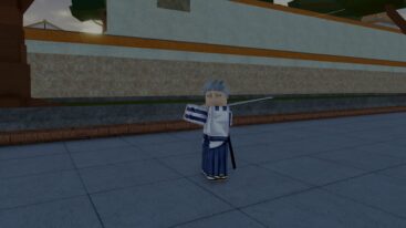 Roblox Rune Avatar With Blue Hair And White And Blue Clothing Holding A Katana Behind Back Ready To Strike