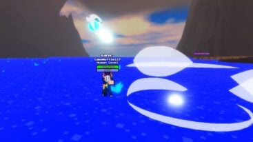 Roblox Sans Aus Fighter 2 Avatar Wearing Silver Helmet Standing On Blue Floor With Floating Head Firing Lazy Above