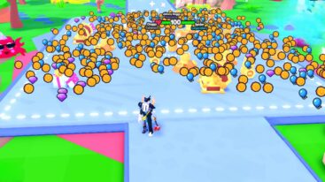 Roblox Shiny Paws Avatar Wearing Silver Helmet Standing In Front Of Massive Piles Of Coins Gems And Balloons