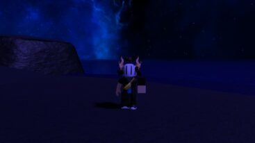 Roblox Unnamed Rpg Game Avatar Wearing Silver Helmet Standing Near Water As Galaxy Appears In Night Sky