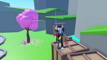 Roblox Wind Slayers Avatar Wearing Silver Helmet Holding Giant Katana Standing On Boxes Near Pink Tree
