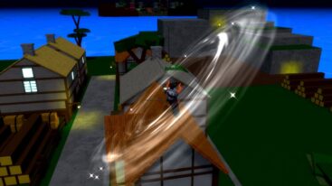 Roblox Zeno Piece Avatar Wearing Silver Helmet Swinging Katana On Rooftop Causing Wind Effects