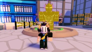 Roblox Anime Arise Evolution Avatar Wearing Silver Helmet With Crows And Cat On Top Standing Before Giant Yellow Statue