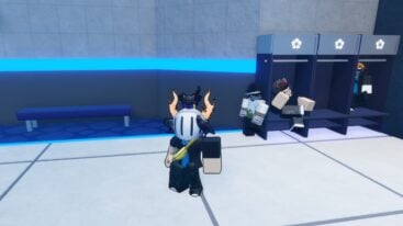 Roblox Anime Lock Avatar Wearing Silver Helmet With Bat On Top Standing Near Lockers With Other Players