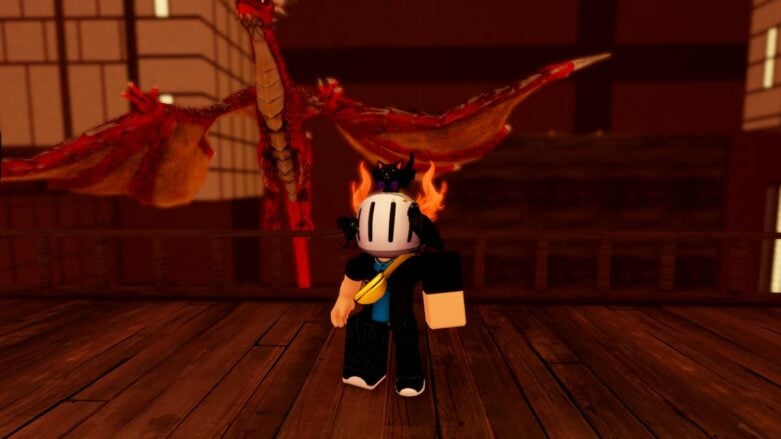 Roblox Anime Rails Avatar Wearing Silver Helmet Standing Before Massive Red Dragon