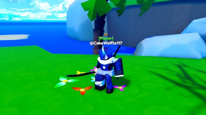 Roblox Anime Slaying Blue Haired Avatar Holding Sword Near Palm Tree