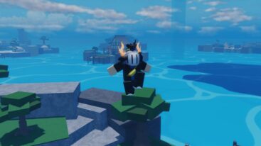 Roblox Another Piece Avatar Wearing Silver Helmet Jumping In Air Showing Ocean And Other Islands On It