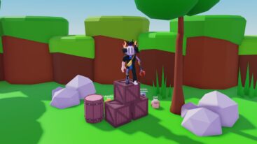 Roblox Are You Sure Avatar Wearing Silver Helmet And Metal Claw Arm Standing On Top Of Three Wooden Boxes Near Barrell And Tree
