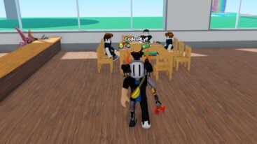 Roblox Be A Chef To Become Rich And Famous Avatar Wearing Silver Helmet And Metal Claw Left Arm Standing In Front Of Table Of Customers