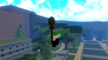 Roblox Bizarre Odyssey Green Ork Avatar Holding Broom Falling Through Air With Forest And Buildings Behind