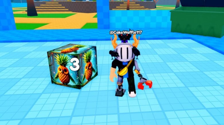 Roblox Brainrot Merge Avatar Wearing Silver Helmet Standing Near Pineapple Block
