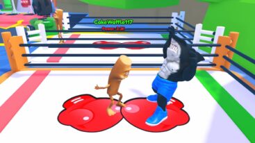 Roblox Brainrot Simulator A Stick Fighting A Standing Shark In Blue Shorts In A Boxing Ring