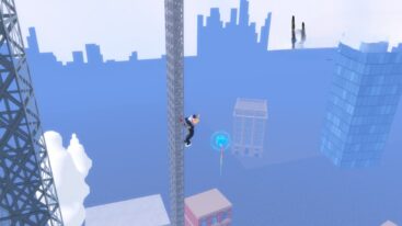 Roblox Climb And Jump Tower Avatar Wearing Silver Helmet Climbing Metal Grid Beam Over Looking City Below