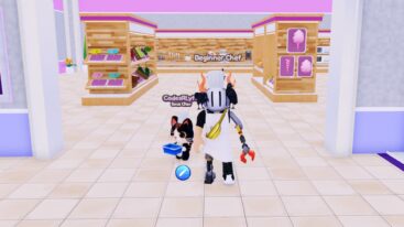 Roblox Cook Off Avatar Wearing Silver Helmet With Chefs Hat On Top Wearing Cooking White Apron In Candy Isle