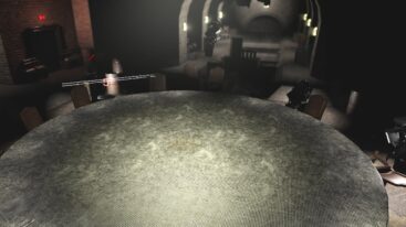 Roblox Deathwish Avatars Running Around A Circular Table With Chairs Throwing Knives In Dark Room